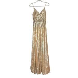 Revelry Hazel Gold Glitter Sequin Formal Bridesmaid Gown Draped Back Size 2